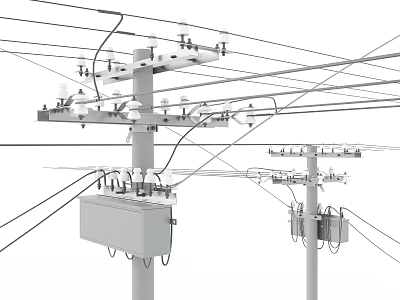 Utility Poles with Power Lines and Distribution Boxes in Road Infrastructure 3d model