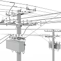 Utility Poles with Power Lines and Distribution Boxes in Road Infrastructure