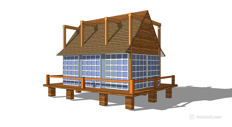 Single Family House With Wooden Structure Brown Roof Glass Windows And Patio Railing 3d model 