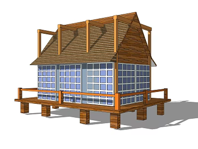 Single Family House With Wooden Structure Brown Roof Glass Windows And Patio Railing 3d model