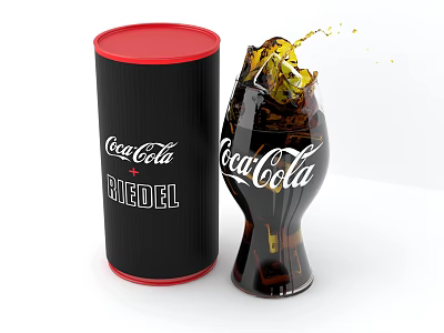 Refreshing Coca-Cola Drink in RIEDEL Glass Bottle and Red Lid Canister with Splashing Liquid 3d model