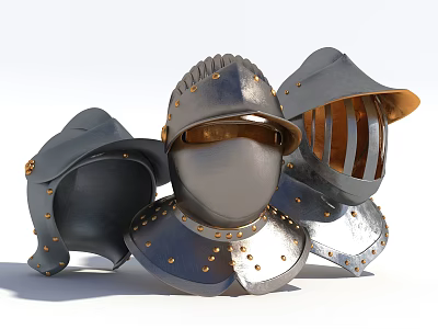 Medieval Metal Helmets And Shoulder Armors With Rivet Decorations Gray Black Gold Accents 3d model