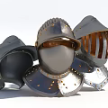 Medieval Metal Helmets And Shoulder Armors With Rivet Decorations Gray Black Gold Accents