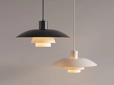 Two Modern Black and White Pendant Lights with Minimalist Circular Shades and Glowing Light 3d model