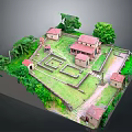 Scenic Traditional Village Landscape With Red Roofed Houses Green Lawns And Trees