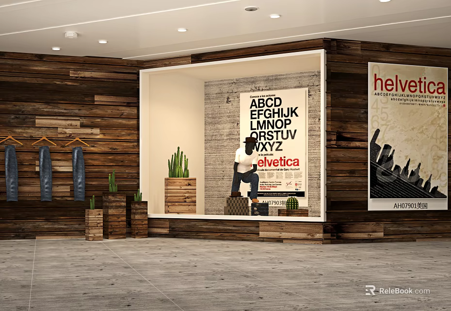 Stylish Retail Window Display With Wooden Walls Alphabet Decor Cacti And Mannequin 3d model 