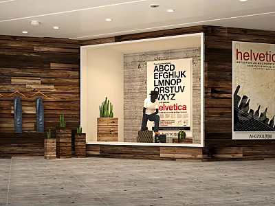 Stylish Retail Window Display With Wooden Walls Alphabet Decor Cacti And Mannequin 3d model