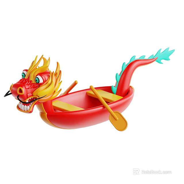 Red Dragon Boat With Decorative Dragon Head Yellow Ornaments Green Tail And Wooden Paddles 3d model 