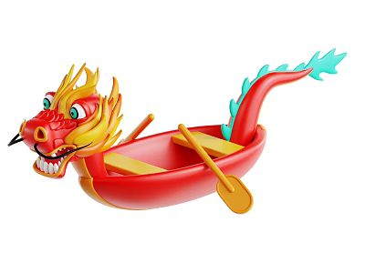 Red Dragon Boat With Decorative Dragon Head Yellow Ornaments Green Tail And Wooden Paddles 3d model