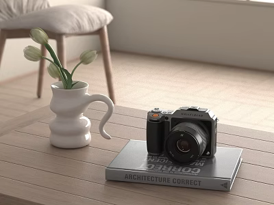 White Vase With Tulips And Camera On Architecture Book Wooden Table 3d model