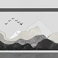 Sofa Backdrop Wall With Mountain Design Flying Birds And Marble Texture 3d model