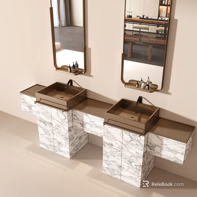 Modern Double Sink Bathroom Design With Marble Countertop And Wall Mirror 3d model 