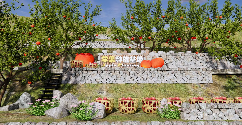 Rural Fruit Orchard Landscape With Stone Wall Wicker Baskets And Colorful Flowers 3d model 