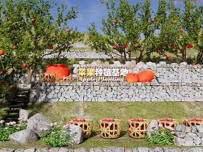 Rural Fruit Orchard Landscape With Stone Wall Wicker Baskets And Colorful Flowers 3d model