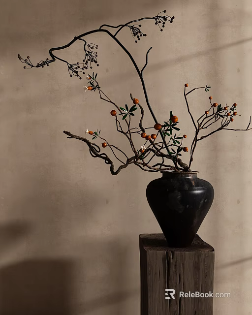Black Vase with Branches Orange Fruits and Green Leaves on Square Base Against Beige Wall 3d model 