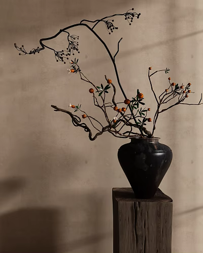 Black Vase with Branches Orange Fruits and Green Leaves on Square Base Against Beige Wall 3d model
