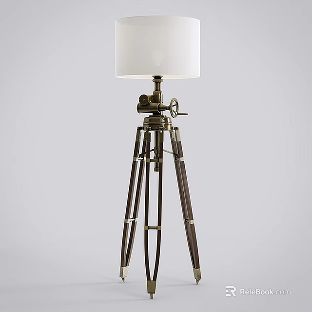 Tripod Floor Lamp With White Lampshade And Metal Wood Vintage Stand 3d model 