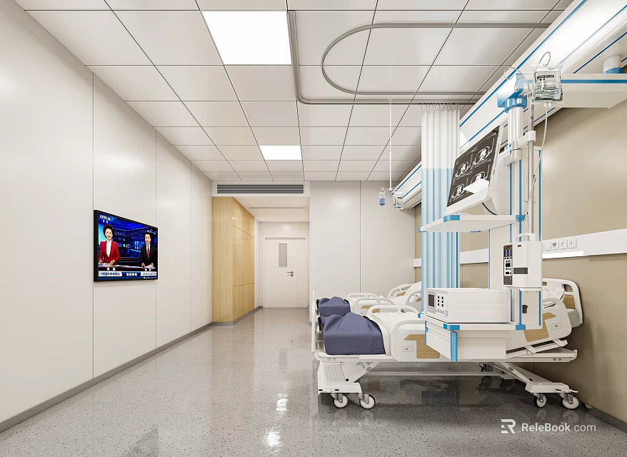 Modern Hospital Outpatient Interior With Medical Beds Corridor TV Screen And Equipment 3d model 