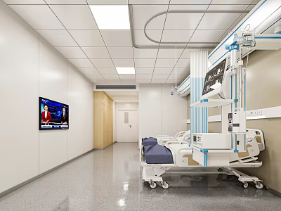 Modern Hospital Outpatient Interior With Medical Beds Corridor TV Screen And Equipment 3d model