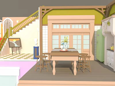 Cartoon Scene Interior With Yellow Railing Staircase Wooden Table With Flowers Stools And Green Refrigerator 3d model
