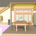 Cartoon Scene Interior With Yellow Railing Staircase Wooden Table With Flowers Stools And Green Refrigerator