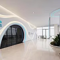 Modern Bright Spacious Reception Area With Curved Design Glass Doors Green Plants And Marble Flooring