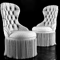 Elegant Light Colored Upholstered Dining Chairs With Tufted Backrest And Fringe Trim 3d model