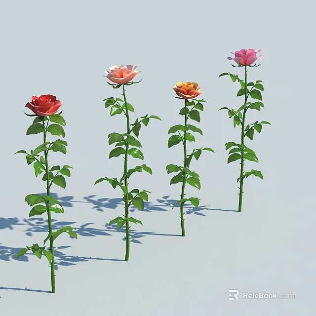 Beautiful Roses in Vase with Different Colors Stems Leaves Light Blue Background Shadows 3d model 