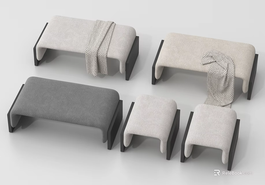 Upholstered Bed Benches In Modern Design With Gray And Beige Fabric And Black Legs 3d model 