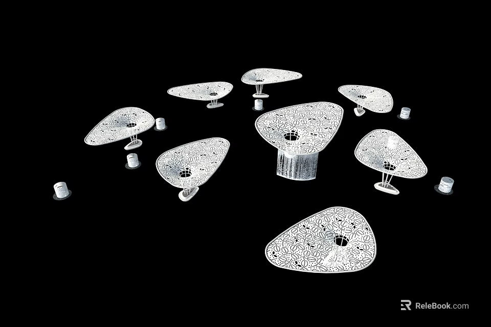 White Cone Shaped Decorative Objects With Hollow Patterns And Base Stands Against Black Background 3d model 