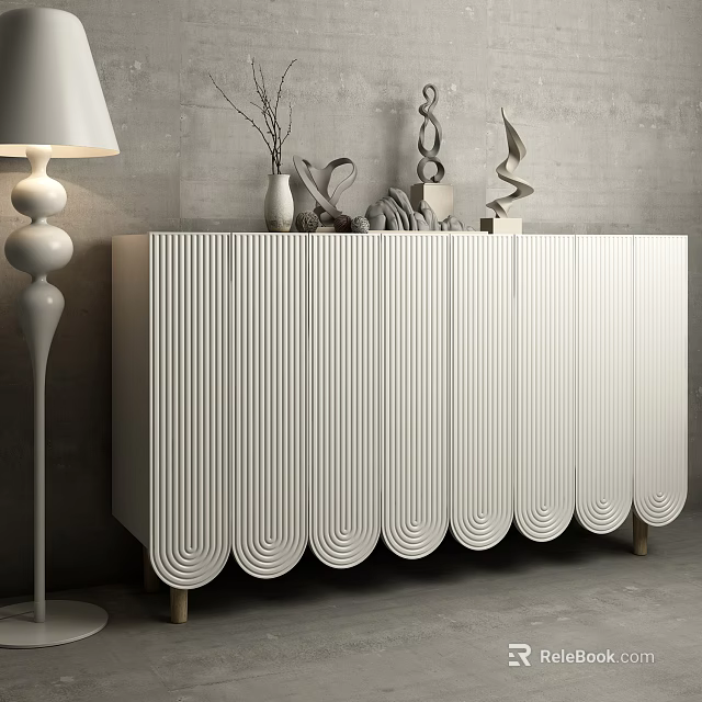 Modern White Console Cabinet With Vertical Striped Doors Scalloped Base And Decorative Items Floor Lamp 3d model 