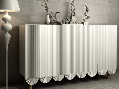 Modern White Console Cabinet With Vertical Striped Doors Scalloped Base And Decorative Items Floor Lamp 3d model