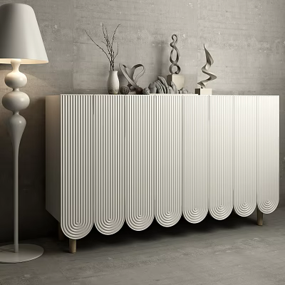 Modern White Console Cabinet With Vertical Striped Doors Scalloped Base And Decorative Items Floor Lamp 3d model
