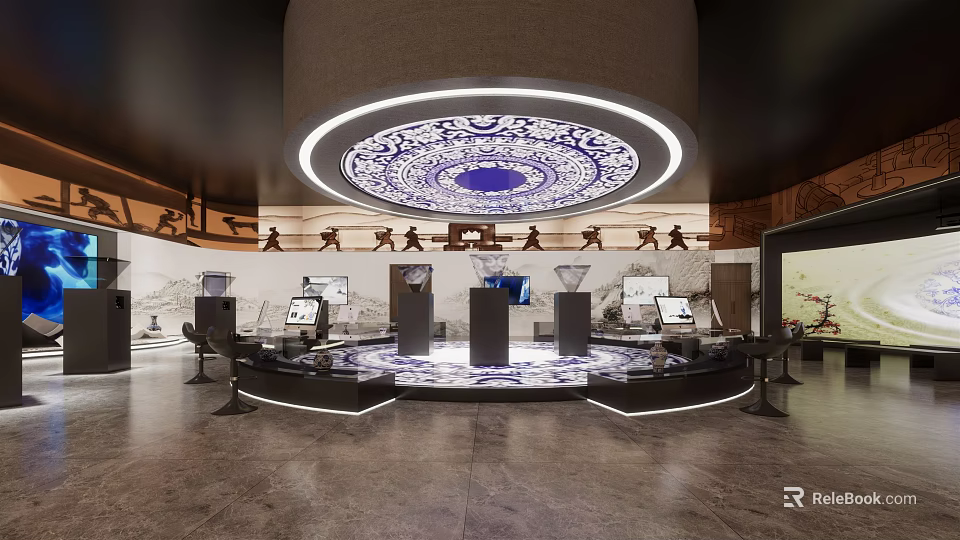 Traditional Cultural Exhibition Hall Featuring Circular Ceiling Pattern And Illuminated Display Stands 3d model 