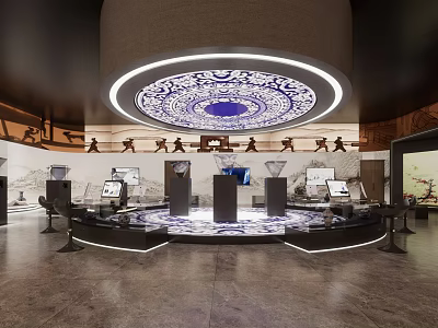 Traditional Cultural Exhibition Hall Featuring Circular Ceiling Pattern And Illuminated Display Stands 3d model