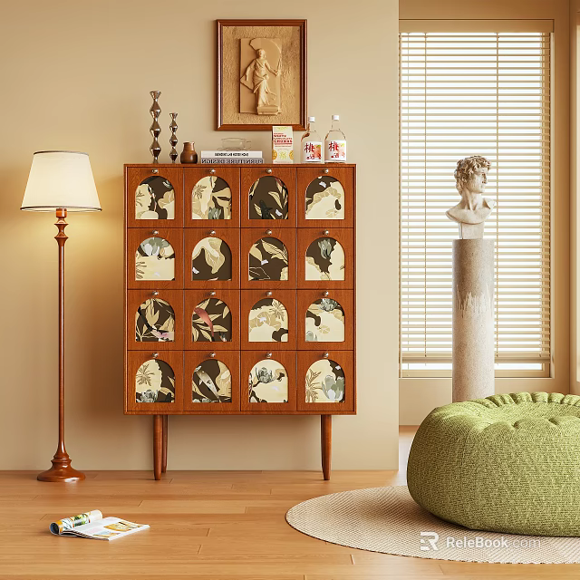Wooden Chest of Drawers with Decorative Panels and Floor Lamp Green Pouf by Window Blinds 3d model 