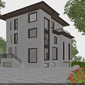 Modern Detached Villa With Stone Exterior Large Windows Balcony Green Trees Courtyard And Outdoor Furniture