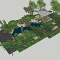 Wooden Landscape Pavilion Surrounded by Trees Pond With Lotus Leaves and Stones