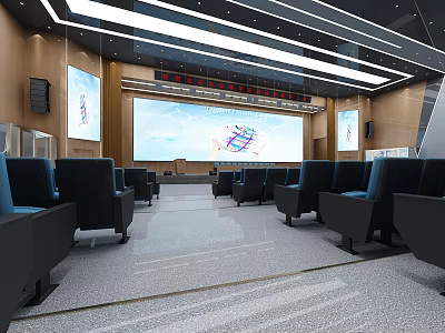 Spacious Modern Conference Room With Large Screen Black Seats And Wooden Walls 3d model