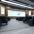 Spacious Modern Conference Room With Large Screen Black Seats And Wooden Walls