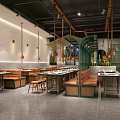 Modern Restaurant Interior With Neon Sign Hanging Lights Bar Counter Green Plants White Stools
