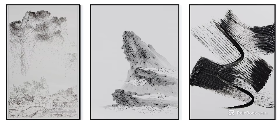 Three Black And White Abstract Landscape Paintings With Mountain Shapes And Ink Details 3d model 