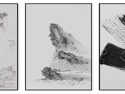Three Black And White Abstract Landscape Paintings With Mountain Shapes And Ink Details 3d model