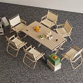 Outdoor Dining Table With Six Chairs Wooden Surface And Fresh Fruits Decorations In Garden