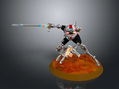 Sci Fi Game Movie Character With Mechanical Limbs And Spear Standing On Orange Base 3d model