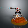 Sci Fi Game Movie Character With Mechanical Limbs And Spear Standing On Orange Base