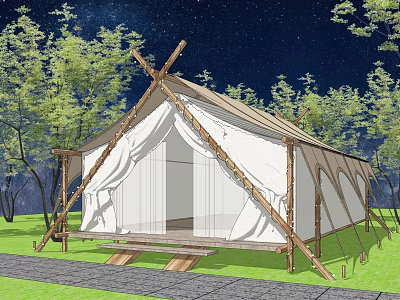 Canvas Camping Tent with Wooden Frame Among Trees Under Starry Sky on Grass Field 3d model