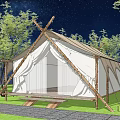 Canvas Camping Tent with Wooden Frame Among Trees Under Starry Sky on Grass Field
