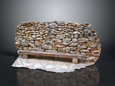 Decorative Rustic Stacked Stone Wall With Wooden Bench And Stone Slab Base 3d model