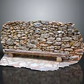 Decorative Rustic Stacked Stone Wall With Wooden Bench And Stone Slab Base 3d model